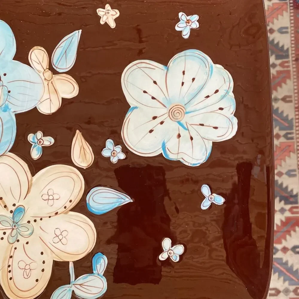 Pier 1‎ CASSIDY Platter Glossy Florals on Brown 11-1/3” x 13-1/2”